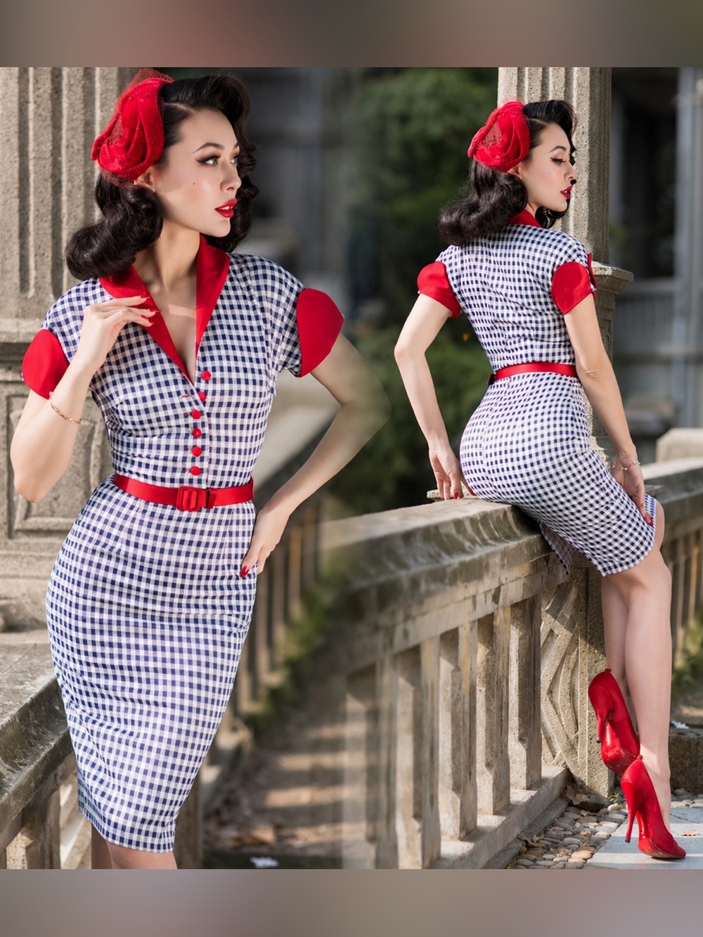 Le Palais Vintage Gingham Pencil Dress Pin Up Rockabilly 50s Retro Red Blue M
